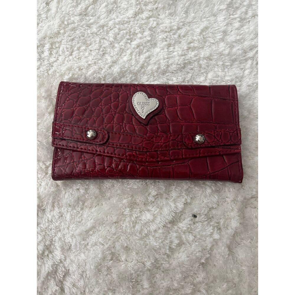 Guess Red Croc Heart Logo Silver Long Wallet
